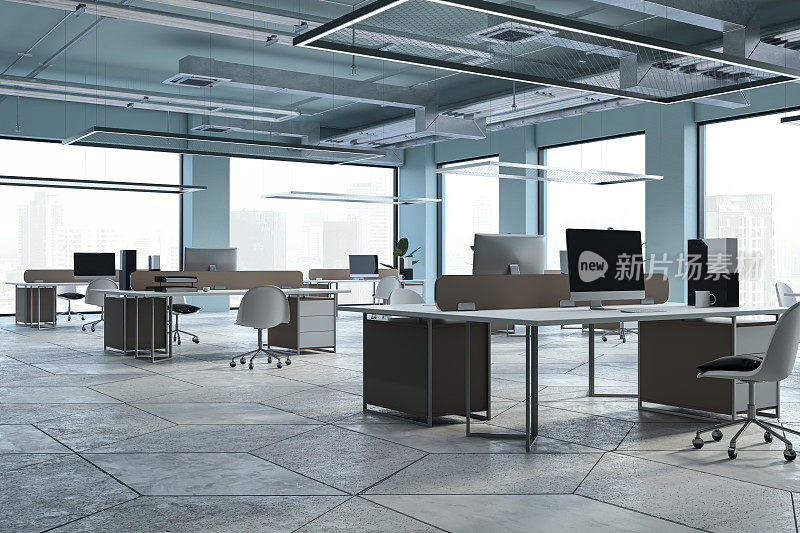 干净宽敞的联合办公室内，配有家具，窗户和城市景观。3 d渲染。